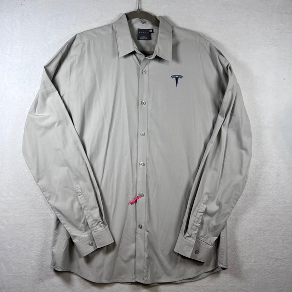 Tesla Motors Mens XL Gray Long Sleeve Button Down Dress Shirt Embroidered Logo